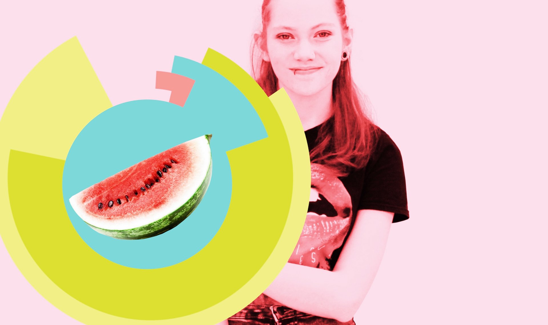 Young Woman next to bright image of a watermelon to promote healthy eating
