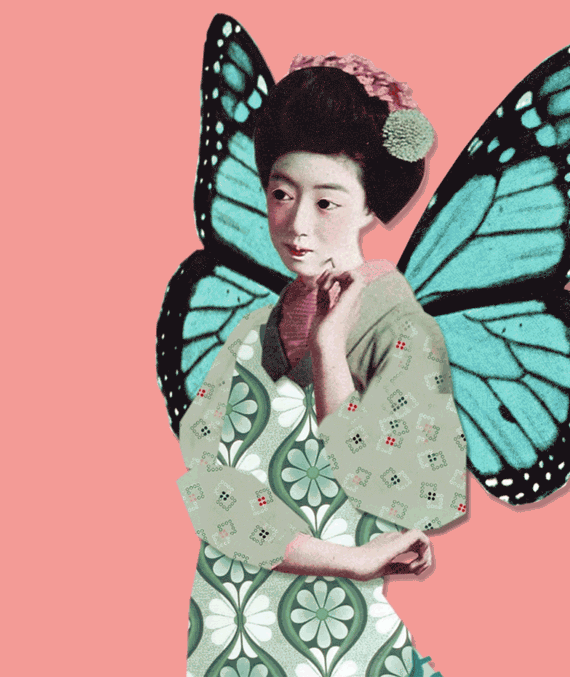 Geisha with butterfly wings holding a sparkler