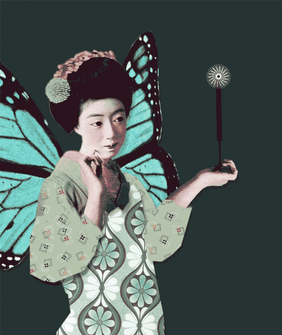 Geisha with butterfly wings holding a sparkler